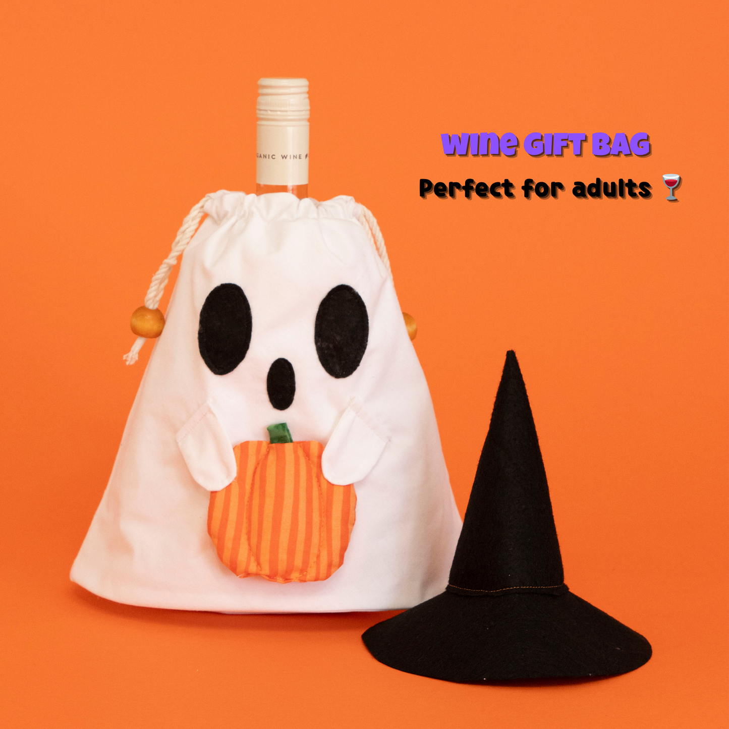 Halloween Ghost Drawstring Bag Pattern PDF – Trick-or-Treat Candy Bag & Wine Gift Bag – Spooky Ooo with Pumpkin and Witch Hat Add-ons