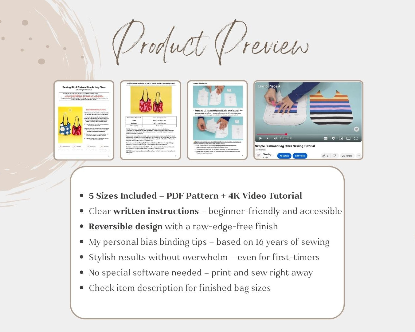 5 sizes Simple Canvas Bag "Clara" PDF Sewing Pattern + Sewing Instructions + 4k video tutorials _Beginner friendly Pattern_Instant Download