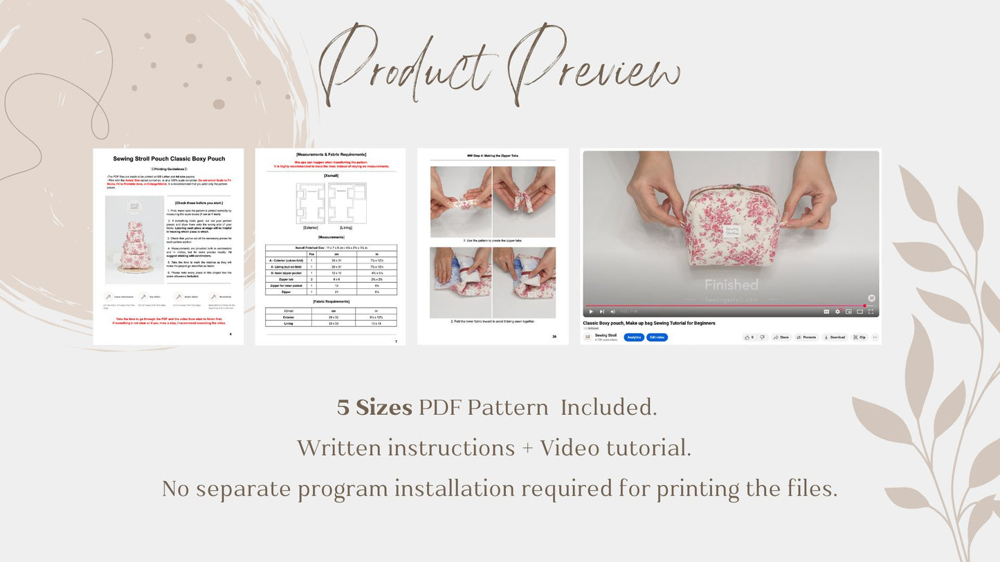 5 sizes Boxy Pouch Sewing Pattern + Sewing instructions + Video Tutorial