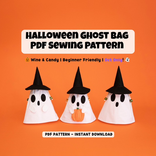 Halloween Ghost Drawstring Bag Pattern PDF – Trick-or-Treat Candy Bag & Wine Gift Bag – Spooky Ooo with Pumpkin and Witch Hat Add-ons