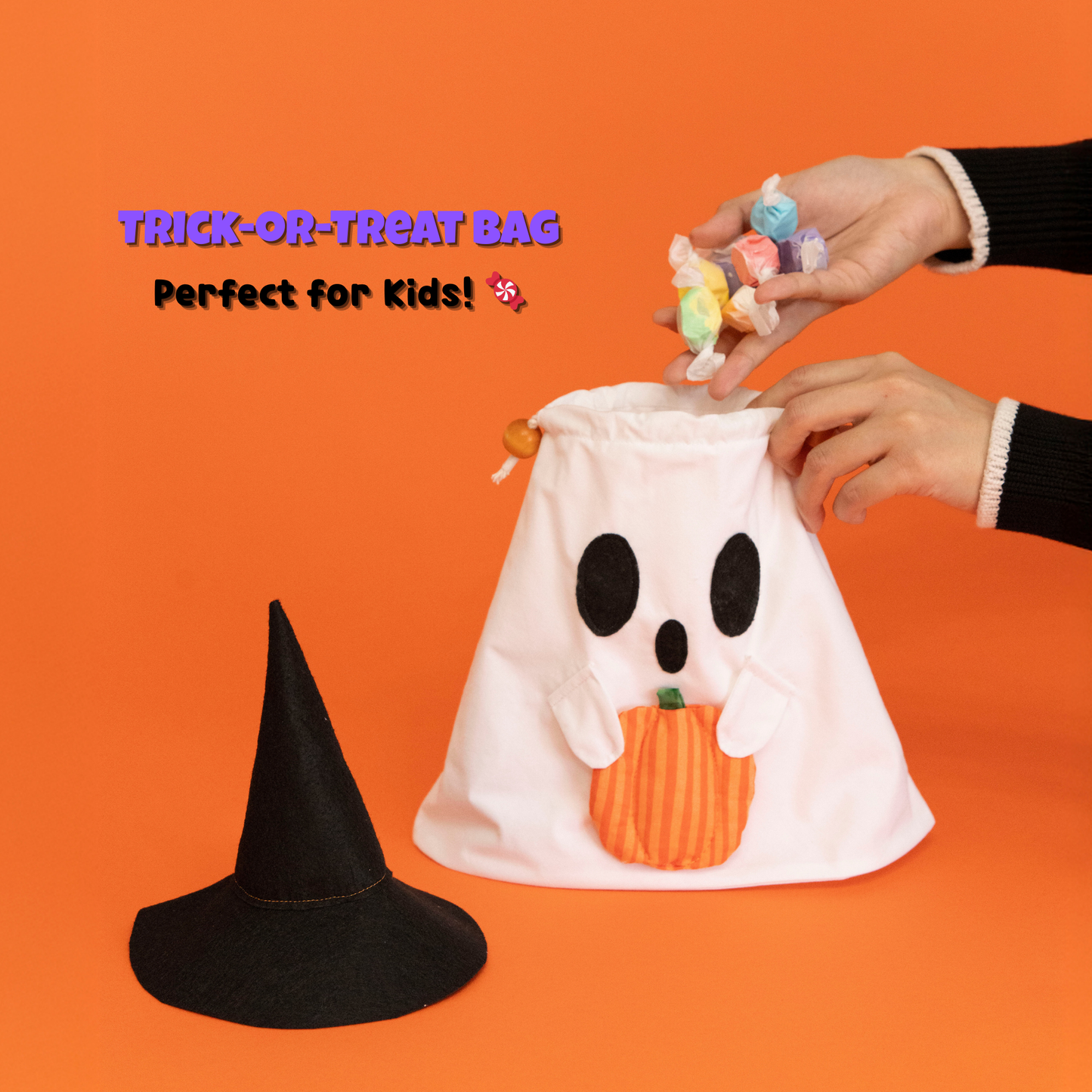 Halloween Ghost Drawstring Bag Pattern PDF – Trick-or-Treat Candy Bag & Wine Gift Bag – Spooky Ooo with Pumpkin and Witch Hat Add-ons
