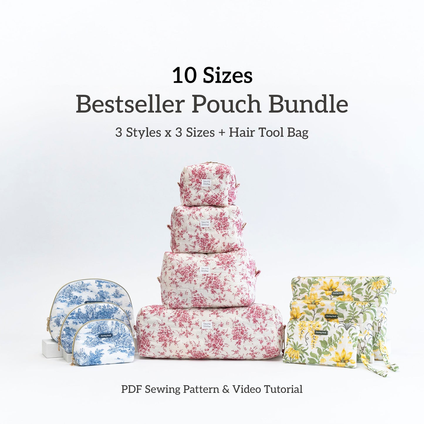 10 Sizes Makeup Bag Sewing Pattern Bundle: 3 styles Pouch + Large Hair Tool Bag