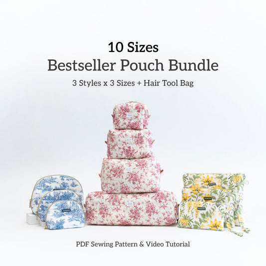 10 Sizes Makeup Bag Sewing Pattern Bundle: 3 styles Pouch + Large Hair Tool Bag