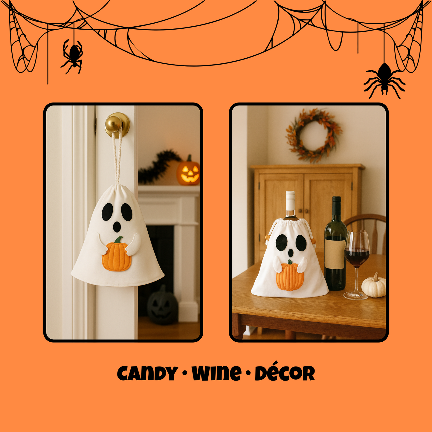 Halloween Ghost Drawstring Bag Pattern PDF – Trick-or-Treat Candy Bag & Wine Gift Bag – Spooky Ooo with Pumpkin and Witch Hat Add-ons