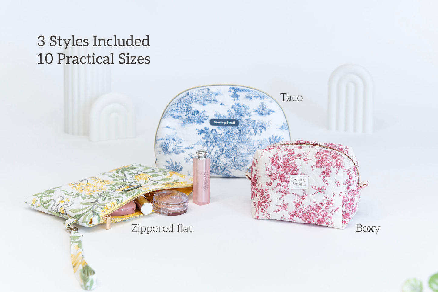 10 Sizes Makeup Bag Sewing Pattern Bundle: 3 styles Pouch + Large Hair Tool Bag