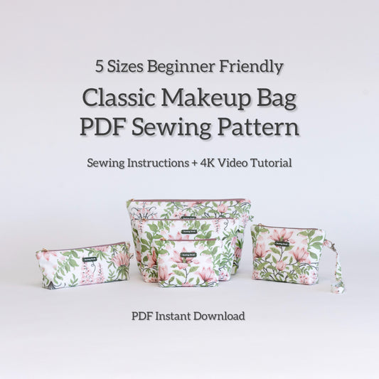 Classic Makeup Bag Sewing Pattern | 5 Sizes | Zipper Pouch | Beginner Friendly PDF + Video Tutorial